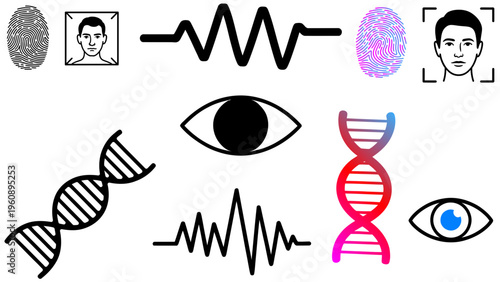 Set of biometric identification icons featuring symbols of an eye, DNA, a face, and a fingerprint