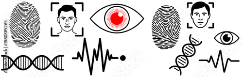 Biometric Security Icons Set with Fingerprint, DNA, Face Scan and Eye Identification