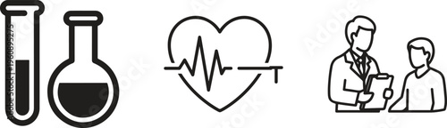 Medical icons, healthcare symbols, doctor patient illustrations, lab equipment