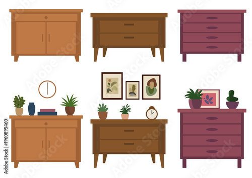 Wooden cabinet with drawer and two doors. Simple furniture for home interior and storage needs. Isolated element on white.