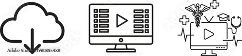 Cloud storage, video icons, digital media symbols, play button graphics
