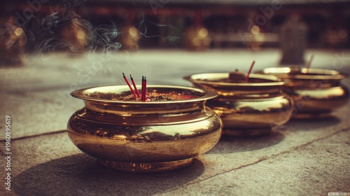 Two polished brass incense burners filled with burning red incense sticks producing fragrant smoke