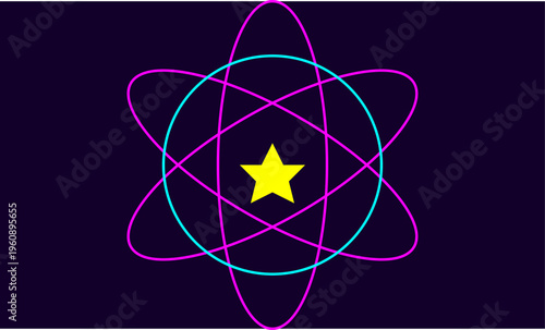A vibrant yellow star centered within intersecting magenta elliptical orbits on a dark background