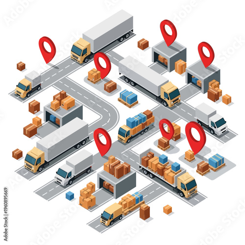 Logistics and supply chain isometric illustration showing trucks, warehouses, and cargo for transportation and distribution