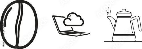 Minimalist icons, coffee bean, laptop with cloud, electric kettle, simple line art