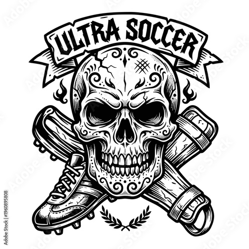 Skull with crossed soccer cleats and banner saying Ultra Soccer