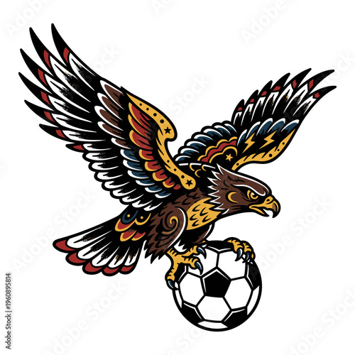 Tattoo style hawk clutching a soccer ball in its talons