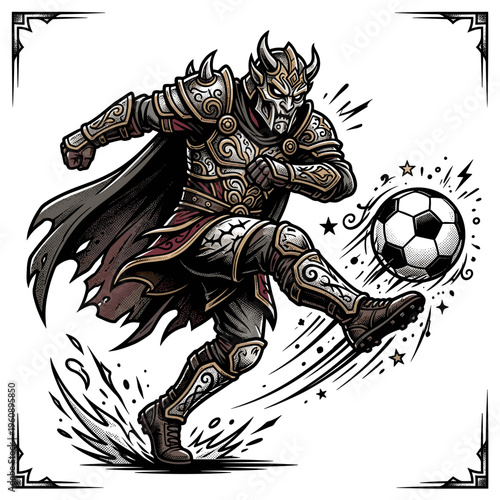 Fantasy warrior in armor kicking a soccer ball