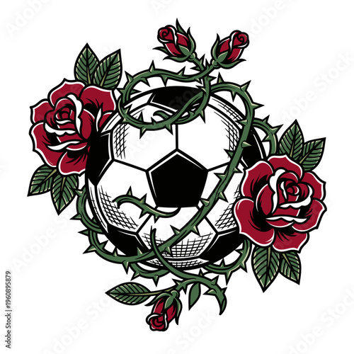 Tattoo style soccer ball entwined with thorny rose vines