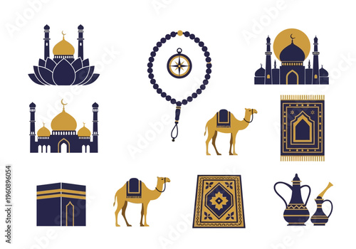 Islamic Culture and Religion Icon Set with Mosque, Kaaba, Camel, Prayer Mat, and Dallah. Navy Blue and Gold Vector Illustrations for Ramadan and Eid.