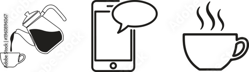 Coffee, phone, and mobile communication icons, black line art vector set
