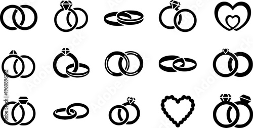 Wedding Rings Icon Collection - Minimalist Intertwined Marriage and Engagement Bands Vector Set