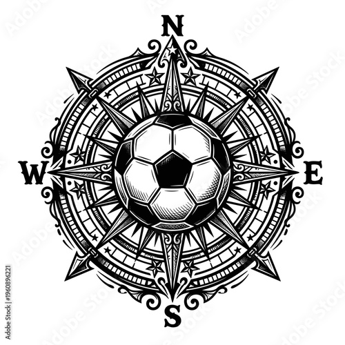 Compass with soccer ball at center and directional points