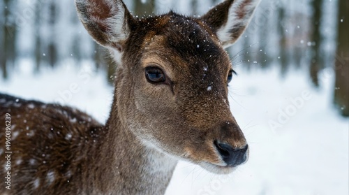 Closeup Portrait of a Young Deer with Snowflakes Against a Serene Winter Forest Background