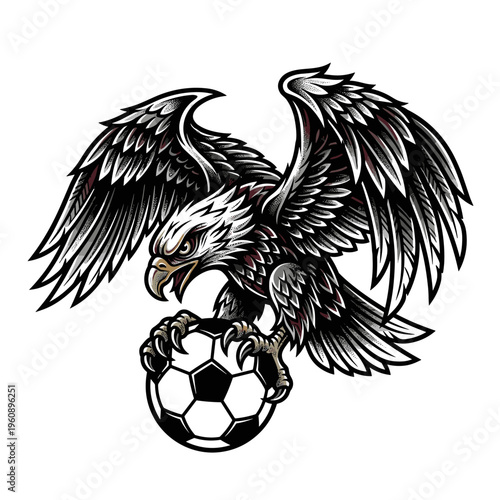 Tattoo style eagle clutching a soccer ball, spread wings