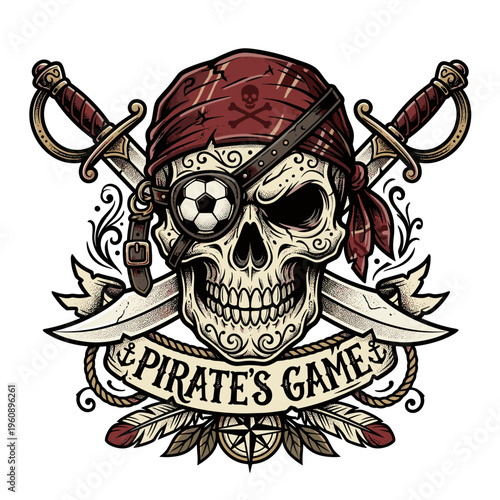 Pirate skull with soccer ball eye patch and crossed swords