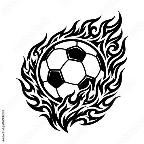 Soccer ball with tribal flames in bold tattoo style
