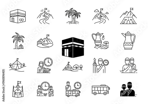 Hajj and Umrah Pilgrimage Icons Set: Minimalist Vector Line Art of Kaaba, Rituals, and Mecca Landmarks