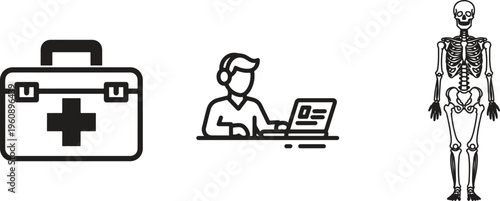 Medical, business, and anatomy icons, line style graphics, black and white illustrations, 3 vector graphics