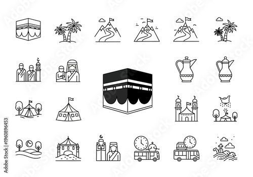Hajj and Umrah Pilgrimage Line Icon Set featuring Kaaba, Mecca Landmarks, Muslim Pilgrims, Tents of Mina, and Islamic Religious Symbols for Design and Education