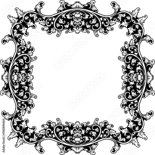 Elegant Vintage Round Floral Frame in Baroque Style with Black and White Ornaments
