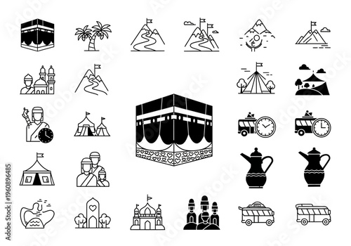 Hajj and Umrah Pilgrimage Icon Set - Islamic Religious Symbols including Kaaba, Mina Tents, Pilgrims, and Transport - Vector Line Art and Silhouette Icons