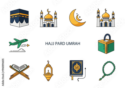 Islamic Hajj and Umrah Pilgrimage Icon Set - Kaaba, Mosque, Quran, and Religious Symbols for Makkah Travel