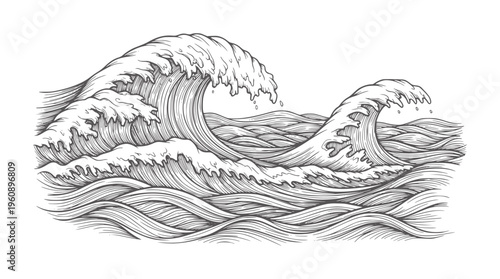 Black and white engraving of turbulent ocean waves crashing water turbulence