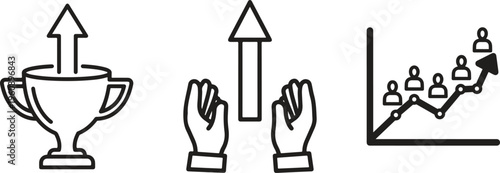 Business success icons, achievement symbols, growth chart, trophy and hand gestures