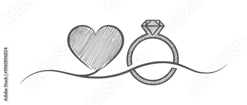 Black and white hand drawn heart and engagement ring with wavy line diamond handdrawn