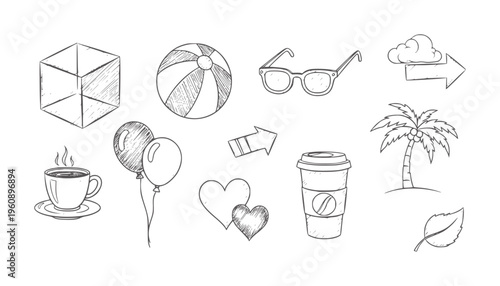 Black and white hand drawn of diverse and symbols handdrawn blackandwhite cube beachball