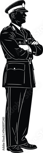 Stately Vintage Style Police Officer Vector Silhouette Standing Tall With Arms Crossed In Formal Uniform For Law Enforcement History Concepts