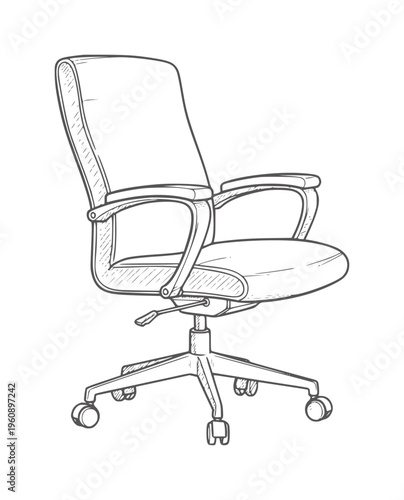 Black and white line of an office chair with armrests and wheels furniture