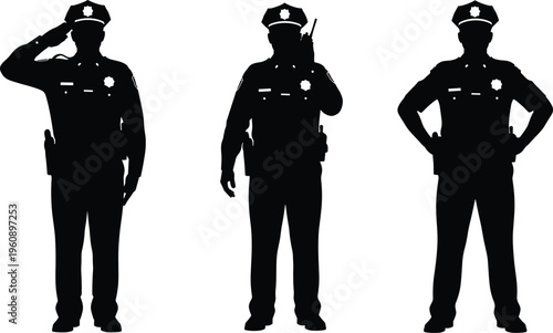 Set Of Three Police Officer Silhouettes Featuring A Saluting Officer A Radio Operator And A Patrolman Standing With Hands On Hips