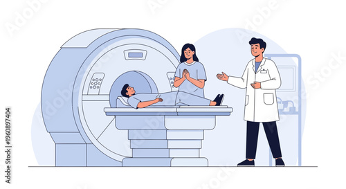 Doctor and nurse assist patient in MRI scanner for medical imaging procedure
