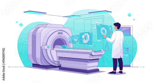 Doctor analyzing MRI scan data with futuristic holographic interface in modern medical lab