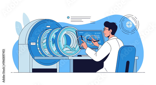Doctor analyzing MRI scan results on computer next to medical imaging machine