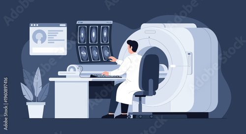 Doctor analyzing MRI scan results on computer screen next to MRI machine
