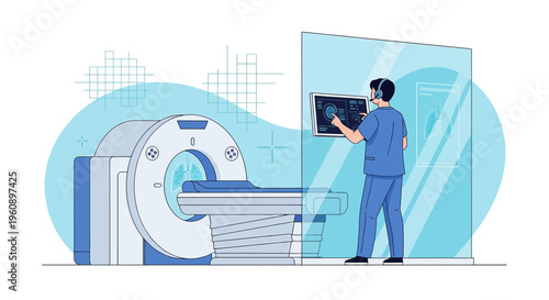 Doctor analyzing MRI scan results on futuristic holographic display next to MRI machine