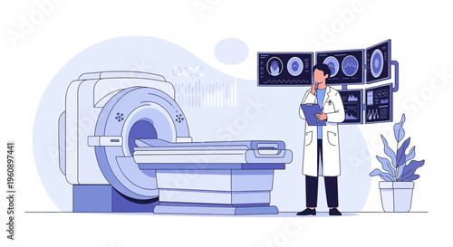 Doctor analyzing MRI scan results on monitors next to medical imaging machine