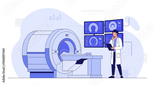 Doctor analyzing MRI scan results on monitors next to advanced medical imaging machine