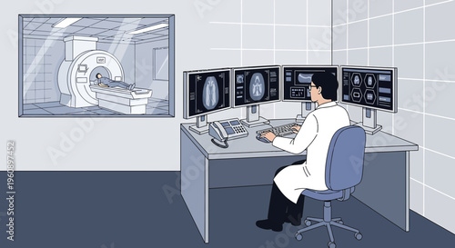 Doctor analyzing MRI scan results on computer screens in a modern medical laboratory