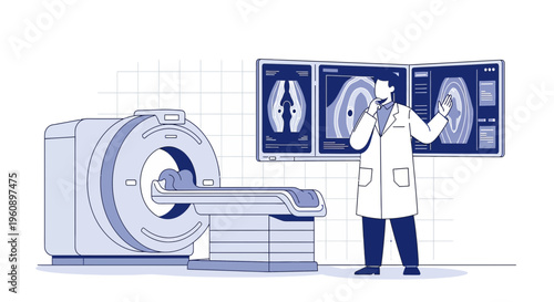 Doctor analyzing MRI scans next to a modern MRI machine and diagnostic imaging screens