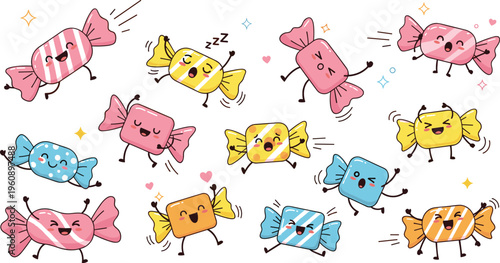 Cute candy characters collection with funny emotions and playful poses, kawaii sweet mascots in colorful wrappers vector illustration set for kids design