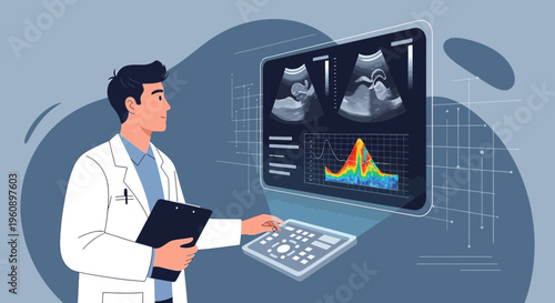 Doctor analyzing ultrasound scans and medical data on a futuristic interface