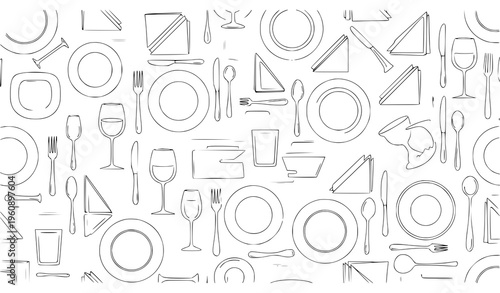 Dining table setting seamless pattern thin line vector design