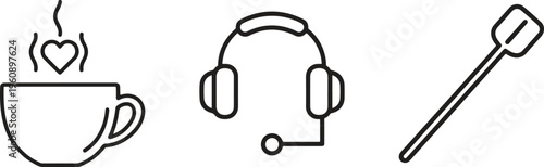 Minimalist line icons, customer service, coffee cup, headset, spoon, simple black and white design elements