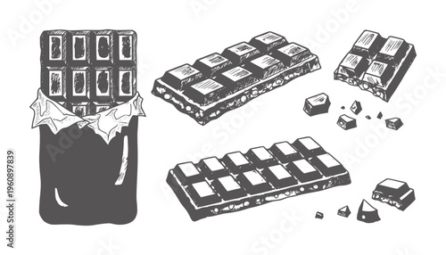 Black and white of various chocolate bars and pieces wrapper monochrome