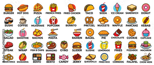 Colorful icons of various food items.