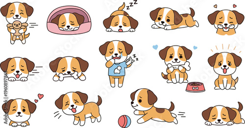 Cute puppy dog characters collection with different emotions and activities, adorable pet mascots in playful poses vector illustration set for kids design